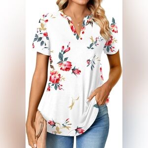 Anyhold Womens Summer Tops Notch V Neck Shirts Short Sleeve Loose Work Blouse